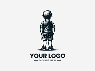 Obraz premium A black and white illustration of a young boy standing with his back to the viewer on a plain background with a logo template.