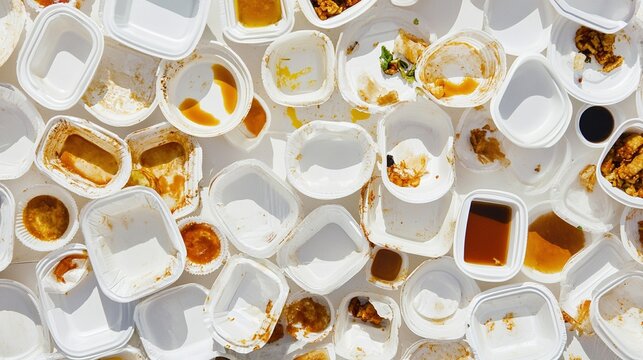 grease. A cluttered desktop with takeout containers and sauce spills, overhead view. lifestyle magazines, social media lookbooks, designed for influencer and brand collaborations.