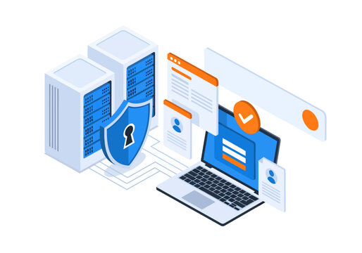 An isometric illustration showcases secure server networking as a blue shield protects data flowing to a laptop displaying a login interface amidst floating user profile cards and bright orange signs