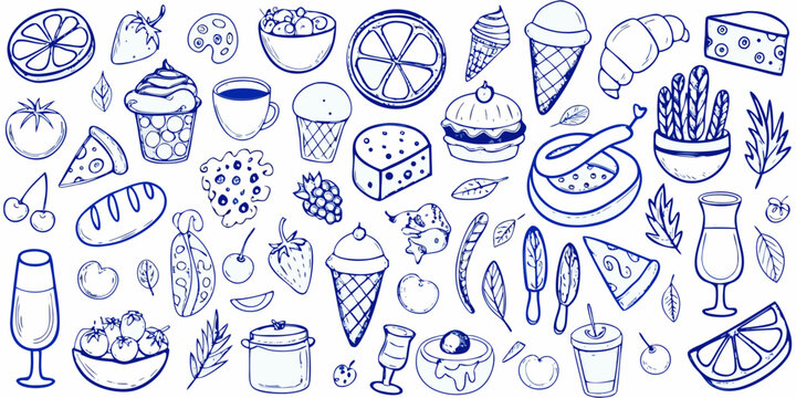 A colorful doodle collection featuring various foods desserts and botanical elements