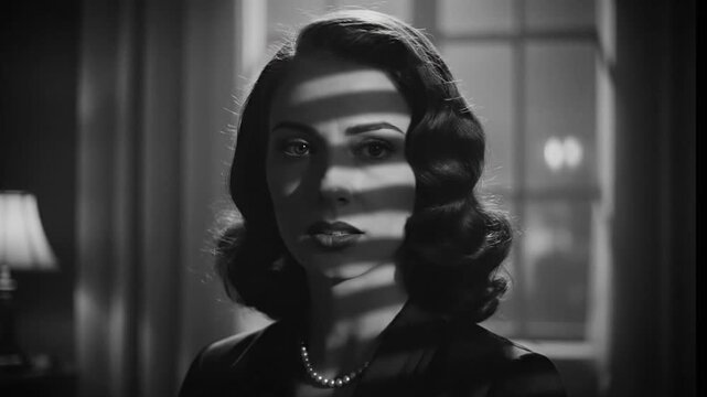 Elegant Woman in Noir Style with Shadow Patterns, Vintage Glamour and Mystery, Cinematic Black and