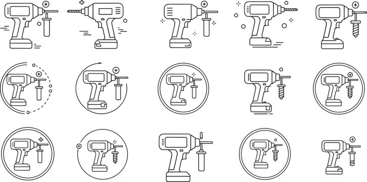 Power drill line icon collection with screws and drill bits, construction tool outline vector illustration set