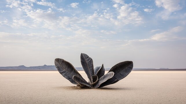 leathery. A Welwitschia mirabilis plant with broad leaves sprawling across a desert landscape. gardening catalogs, home-decor guides, designed for home decor and floral branding.