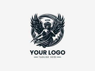 Fototapeta premium Black and white logo design featuring an angel with wings and a halo on a circular background with space for custom text.