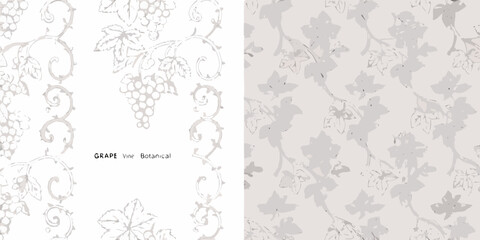 Fototapeta premium Elegant botanical pattern featuring grapes vines and delicate leaf illustrations