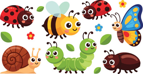 Cute Garden Bug Cartoon Character Set with Bee, Butterfly, Ladybugs, Caterpillar, Snail and Ant for Kids Nature Education, Spring Garden Vector Illustration © Sanjida