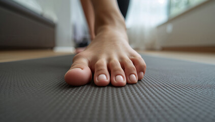 ローアングルの超接写で素足とヨガマットのグリップ感を捉えた写真