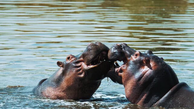 Male hippos open mouth wide jump out of water and fight in Mara river with brown muddy water. Hippopotamus rival contend in swamps ponds. Wild animals in natural habitat. African nature reservation