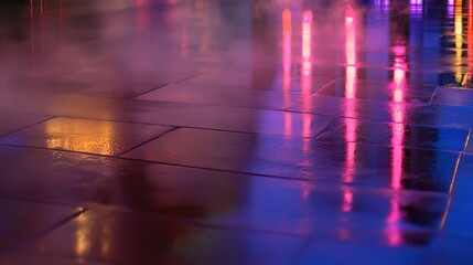Naklejka premium asphalt. A neon-lit street at night with wet pavement reflecting colorful lights and atmospheric smoke. lifestyle magazines.