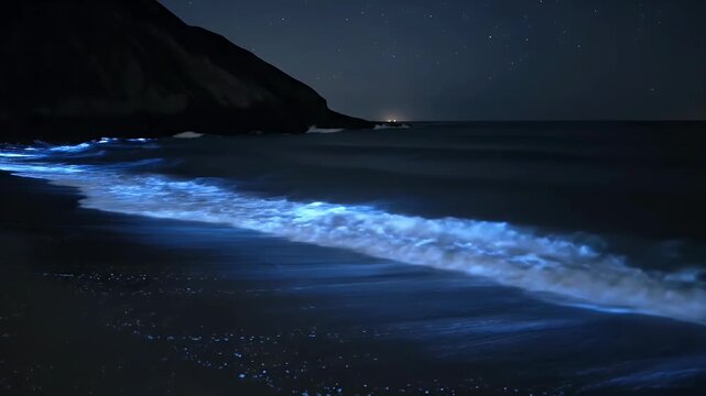Bioluminescent plankton glowing in ocean waves at a dark bay
