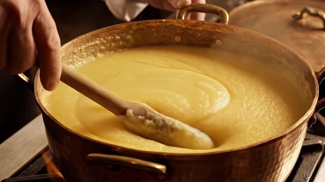 Chef continuously stirring creamy polenta in a traditional copper pot