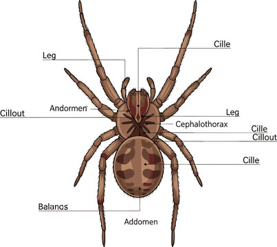 Spider anatomy diagram with labeled body parts legs abdomen and cephalothorax, scientific arachnid educational vector illustration