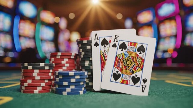 Blackjack poker chip casino gambling card game ace king spade luck excitement vibrant nightlife entertainment risk strategy table success winning leisure competition finance bet fortune green table