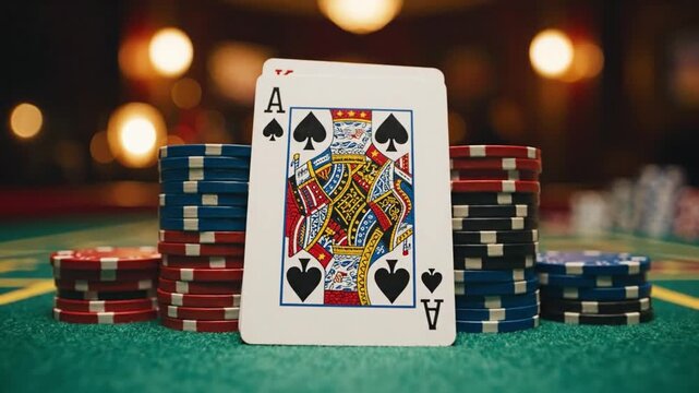 Playing card poker chip casino gambling ace queen spade table luck strategy competition excitement nightlife entertainment risk success game leisure recreation betting challenge colorful stack
