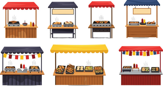 Street Food Market Stall Collection with Grilled Snacks, Festival Food Booths and Outdoor Vendor Stand Vector Illustration Set