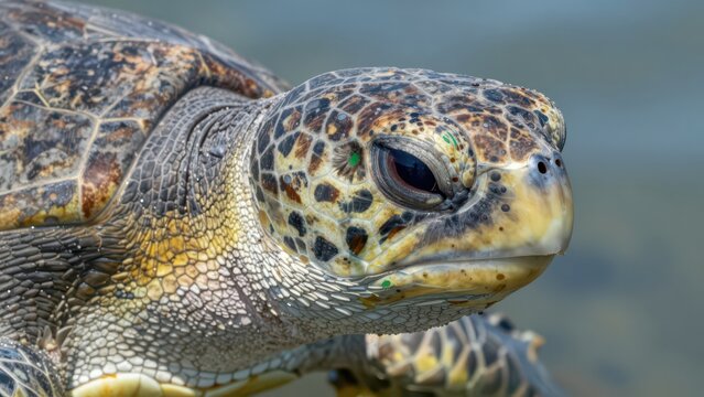 Close-up Portrait of a Sea Turtle with Textured Shell and Eye Detail on Beach
