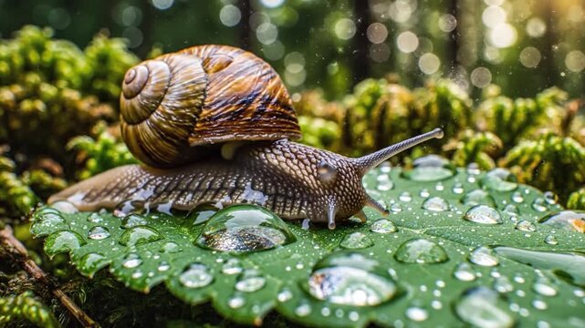 Snail Shell on Green Leaf with Water Droplet in Nature Macro Closeup, Forest Wildlife, Wet Moisture, Outdoor Environment, Natural Texture, Antenna, Brown Fresh Detail, Wild Peaceful Summer Garden