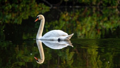 Obraz premium Elegant Swan Glides on Calm Water with Reflection.