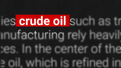 Fototapeta premium Crude Oil Market, Trade War Impact. Energy Prices, Supply Demand Shifts, Global Economy, Geopolitical Tensions, Trade Policies and Economic. Highlight Crude Oil Word on Dark. 2D Illustration