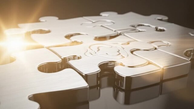 Metal puzzle piece silver shiny reflective closeup connection teamwork solution abstract concept business success strategy unity cooperation metallic glossy modern luxury elegant smooth detail