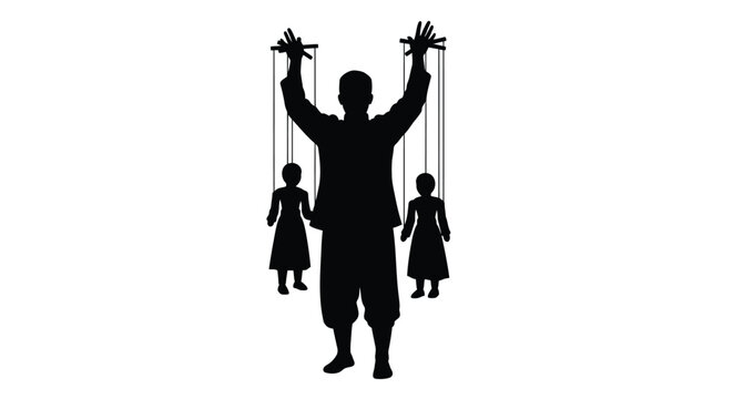Vector silhouette of man controlling puppets on strings