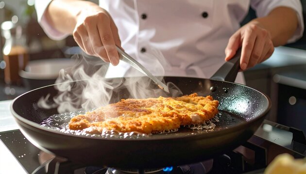 Frying chicken cutlet in hot skillet with steam rising