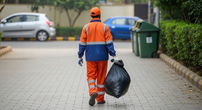 Sanitation worker carrying trash bag on a paved pathway