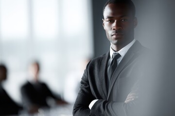 Fototapeta premium confident businessman standing in boardroom during corporate meeting leadership concept