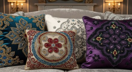 Fototapeta premium Artisanal Decorative Pillows with Intricate Beadwork and Embroidery Displayed on Sofa