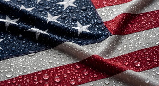 A close-up view of a draped American flag covered in numerous clear water droplets, highlighting the fabric texture and vibrant colors.