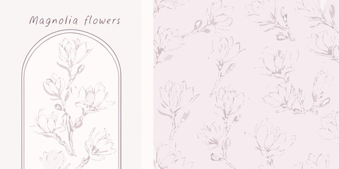 Delicate magnolia flowers and branches in a pastel pink pattern © Partha