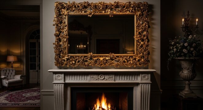 An ornate gilded mirror with a detailed floral frame rests above a roaring fireplace with intricate mantle details, adding regal elegance to the room's interior design.