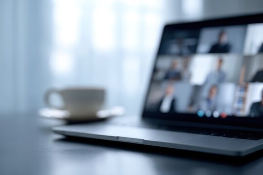 business team participating in remote online meeting with laptop and video call interface