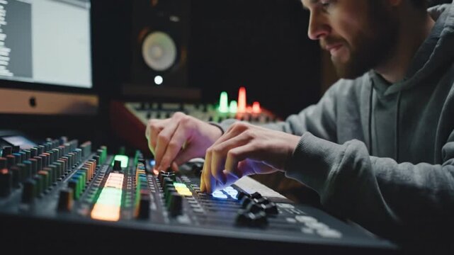 Music producer audio engineer focused male professional adjusting mixing console modern recording studio, creative soundboard technology illuminated equipment, passionate atmosphere, colorful lights