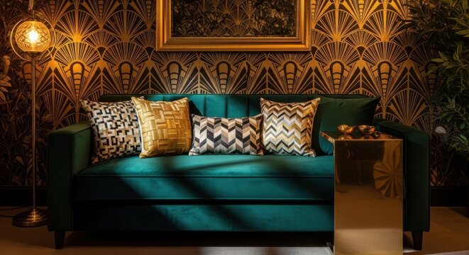 A deep emerald velvet Art Deco inspired armless sofa adorned with decorative pillows and set against ornate patterned wallpaper.