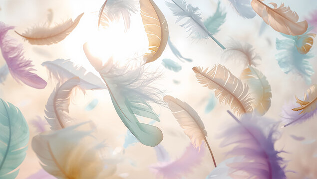 春の光の中でパステルカラーの羽毛がふわりと舞う写真