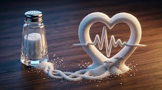 A salt shaker spilling salt that forms a heart shape with an ECG line, symbolizing the impact of salt on heart health.