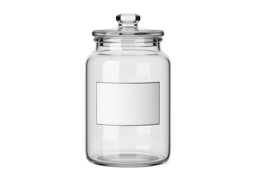 Empty clear glass apothecary jar with a blank white label and a lid, isolated on a white background in a studio light, perfect for storage and creative content.