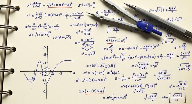 A student uses compasses and a notebook filled with mathematical equations and graphs to study.