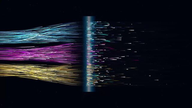 Dynamic digital information streams flowing and transforming through a central abstract interface within a dark, interconnected network.