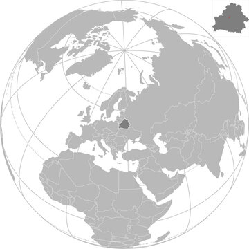 World vector map with country boundaries and graticules (Belarus-centered view, orthographic projection, PPT-compatible & fully editable)