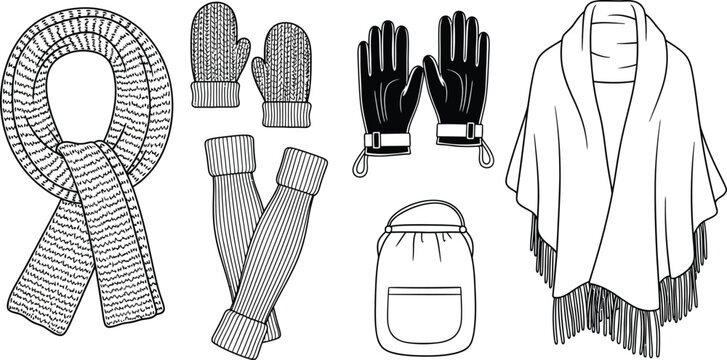 Set of essential winter clothing accessories featuring a scarf gloves mittens and shawl in a clean outline vector illustration style ideal for fashion design and seasonal concepts