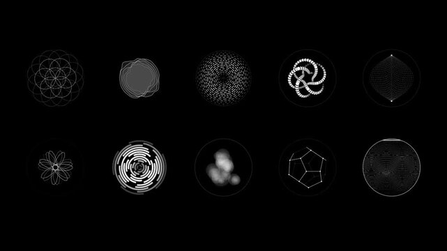 Dynamic array of abstract geometric patterns and scientific data visualizations on a dark background, showcasing futuristic technology concepts.