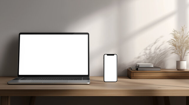 ノートPCとスマホのシンプルなモックアップ ミニマルなデスク背景と光の影