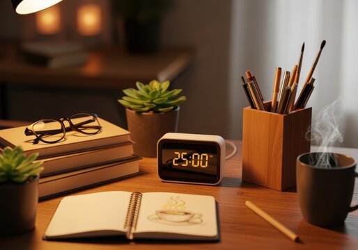 Cozy nighttime desk scene with steaming coffee, open notebook sketch of coffee cup, glasses on books, succulent plants, and digital clock showing 2500, warm ambient light.
