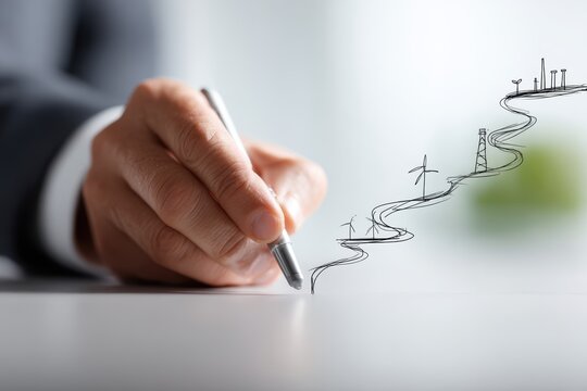 businessman drawing timeline chart showing carbon neutral strategy and sustainability goals from present to 2050