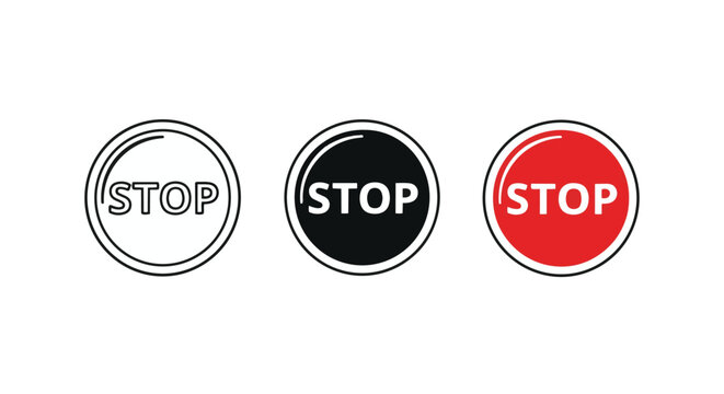 Three stop signs in different colors on for traffic and road signs