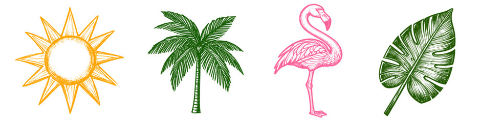 Tropical summer icons set featuring sun palm tree flamingo and leaf in vintage engraving style, ideal for summer themes, travel designs and tropical branding © Arun