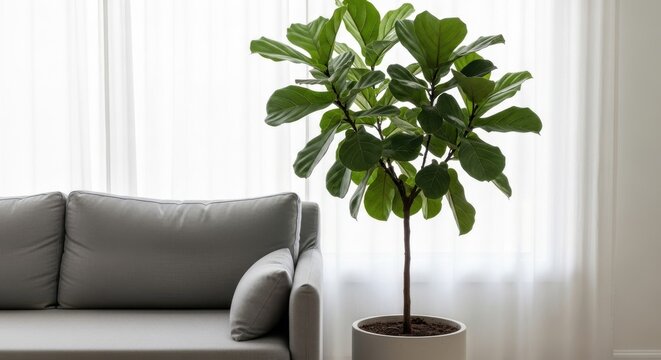 Large potted fiddle leaf fig tree adding a touch of natural elegance to a modern living room interior