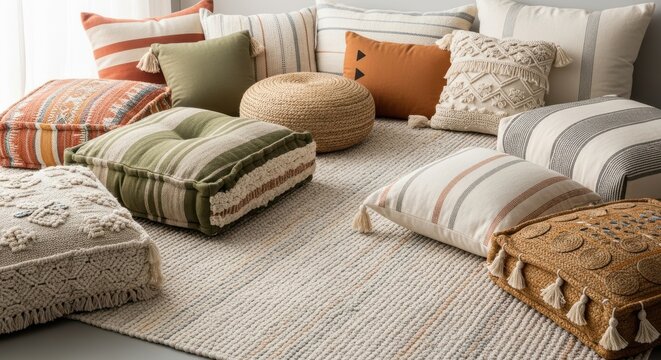 Cozy arrangement of woven rug, floor cushions, and decorative pillows creating a bohemian lounge area.